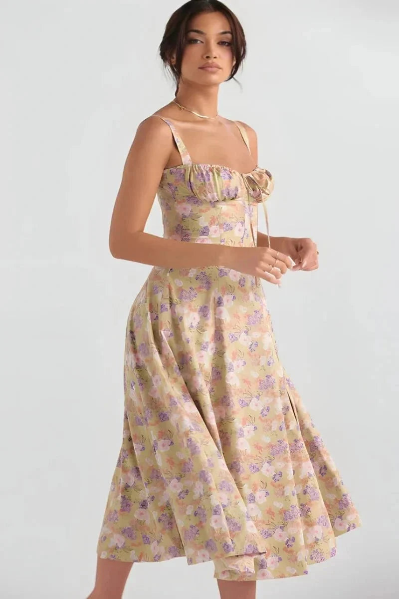 Damen-Midikleid mit Blumenmuster, Korsettoberteil, Seitenschlitz und ausgestelltem Rock