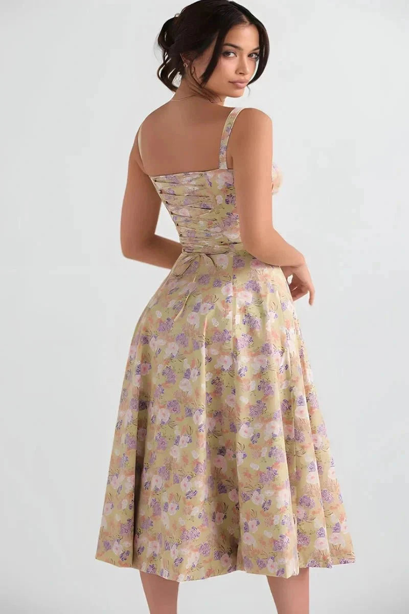 Damen-Midikleid mit Blumenmuster, Korsettoberteil, Seitenschlitz und ausgestelltem Rock