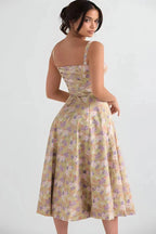 Damen-Midikleid mit Blumenmuster, Korsettoberteil, Seitenschlitz und ausgestelltem Rock