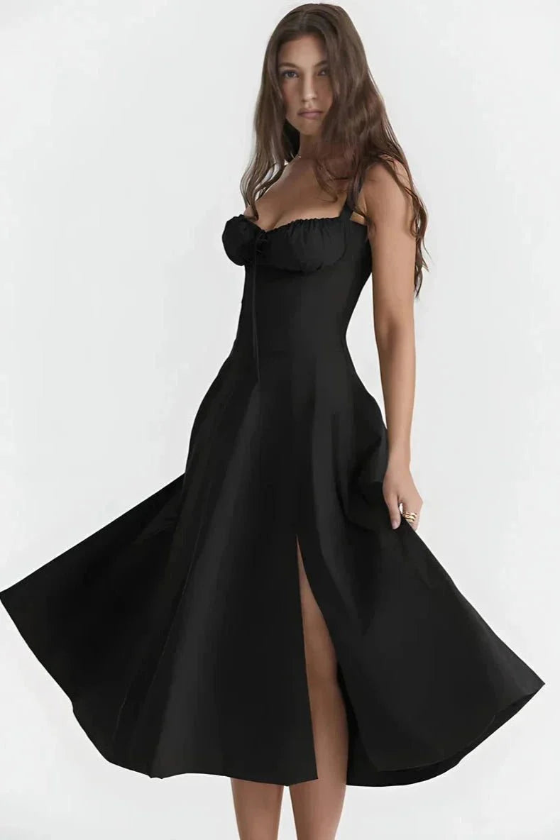 Damen-Midikleid mit Blumenmuster, Korsettoberteil, Seitenschlitz und ausgestelltem Rock