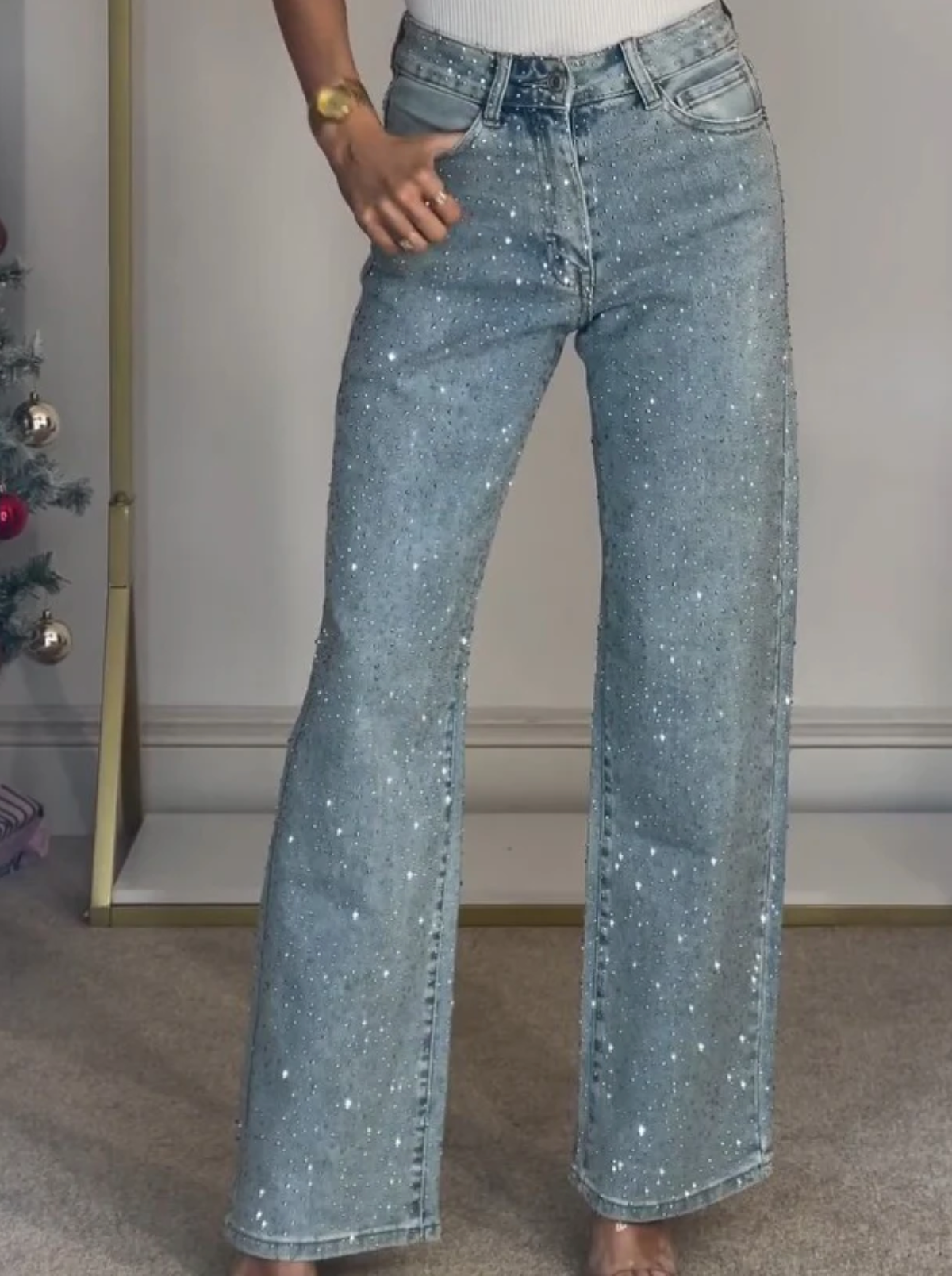Damen-Jeans mit hohem Bund, geradem Bein und funkelnden Strasssteinen, komplett verziert