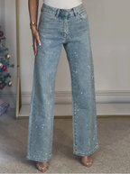Damen-Jeans mit hohem Bund, geradem Bein und funkelnden Strasssteinen, komplett verziert