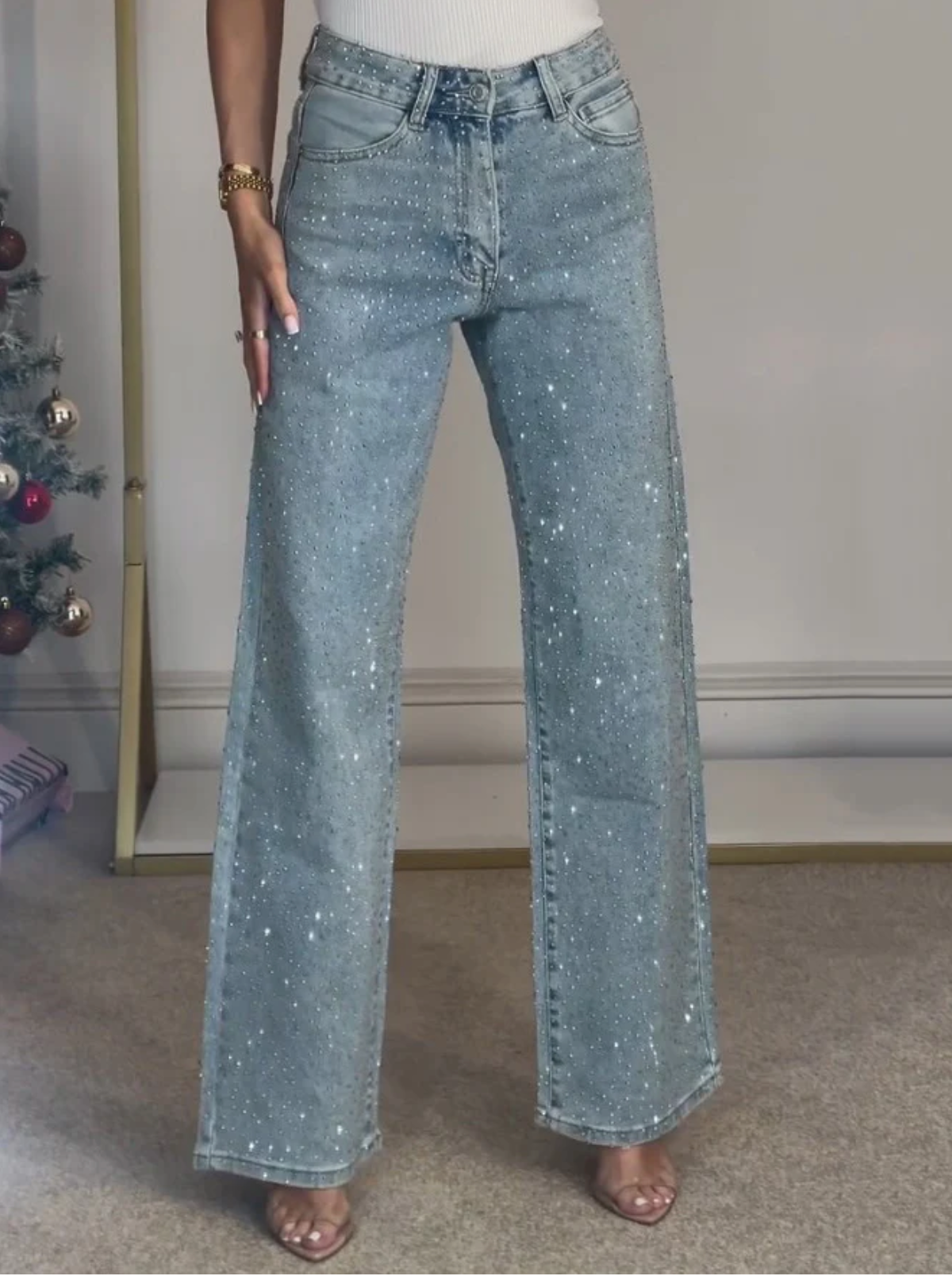 Damen-Jeans mit hohem Bund, geradem Bein und funkelnden Strasssteinen, komplett verziert