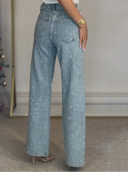 Damen-Jeans mit hohem Bund, geradem Bein und funkelnden Strasssteinen, komplett verziert