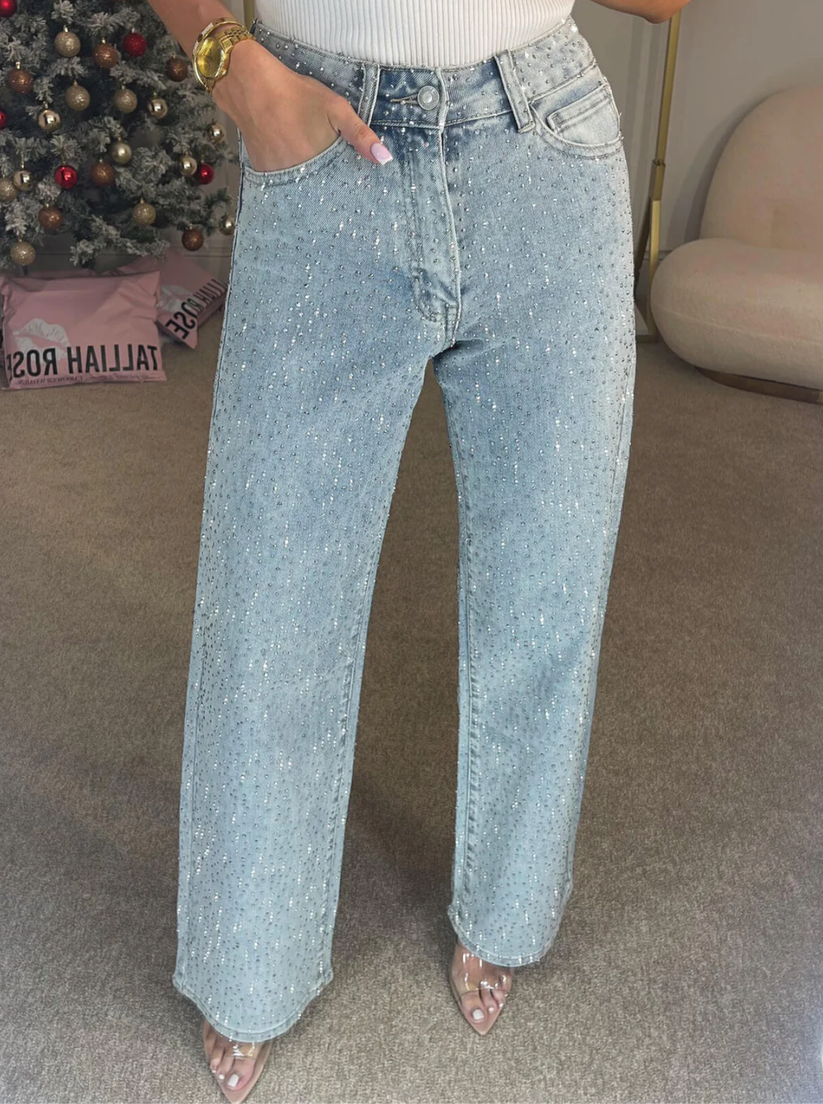 Damen-Jeans mit hohem Bund, geradem Bein und funkelnden Strasssteinen, komplett verziert