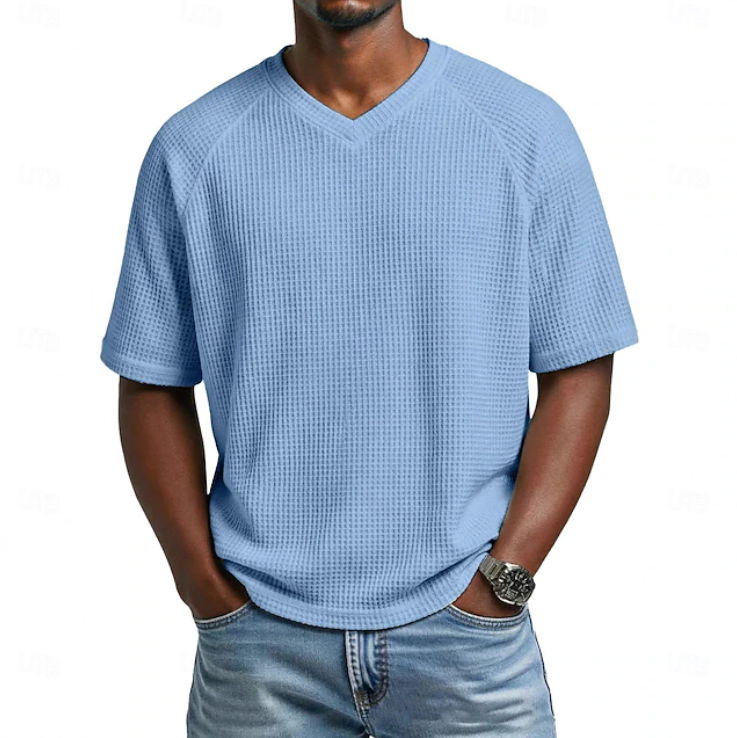 T-shirt décontracté à manches courtes en maille gaufrée texturée avec col en V pour homme