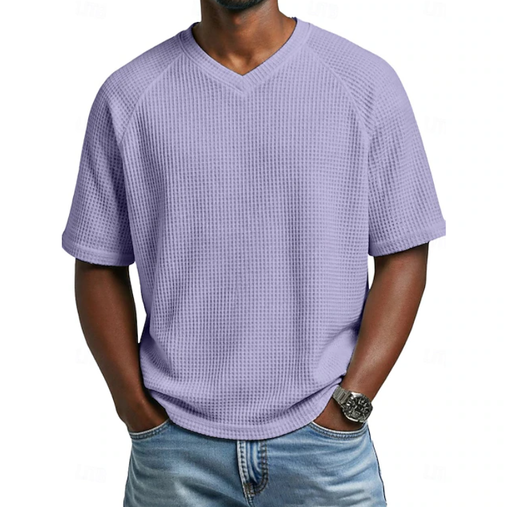 T-shirt décontracté à manches courtes en maille gaufrée texturée avec col en V pour homme