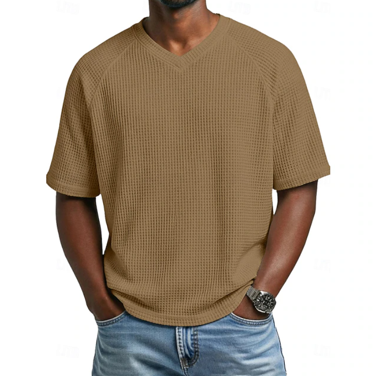 T-shirt décontracté à manches courtes en maille gaufrée texturée avec col en V pour homme