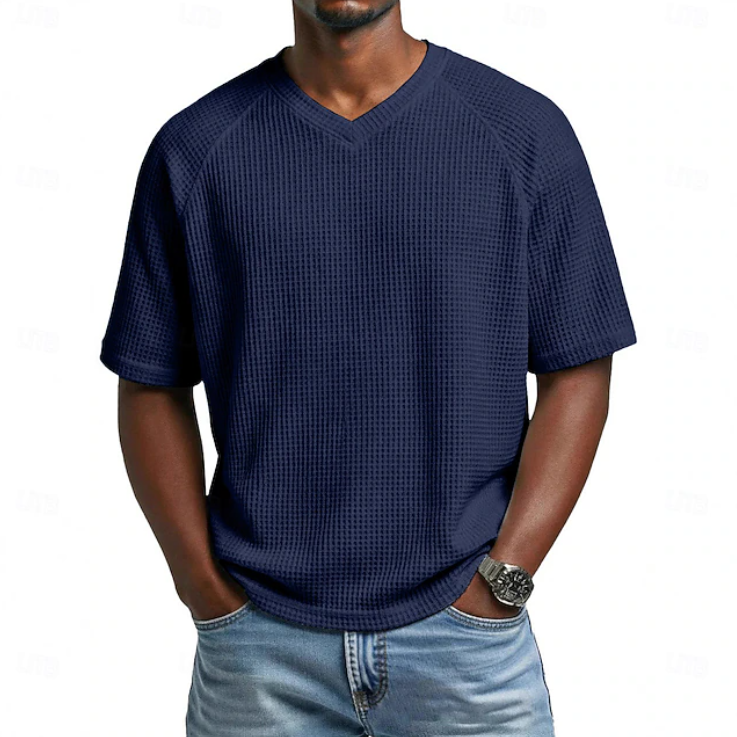T-shirt décontracté à manches courtes en maille gaufrée texturée avec col en V pour homme