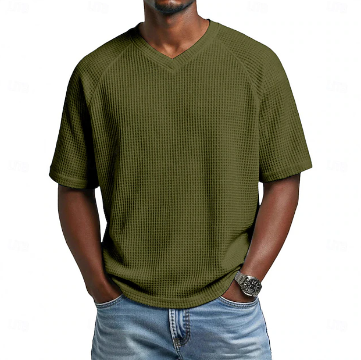T-shirt décontracté à manches courtes en maille gaufrée texturée avec col en V pour homme