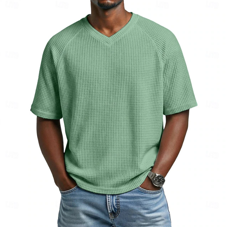 T-shirt décontracté à manches courtes en maille gaufrée texturée avec col en V pour homme