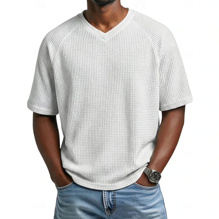 T-shirt décontracté à manches courtes en maille gaufrée texturée avec col en V pour homme