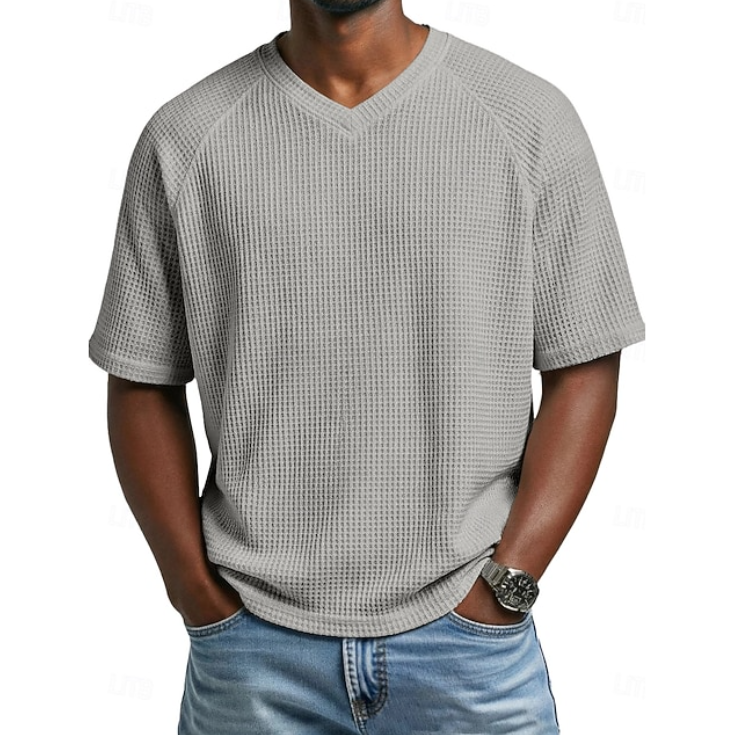 T-shirt décontracté à manches courtes en maille gaufrée texturée avec col en V pour homme