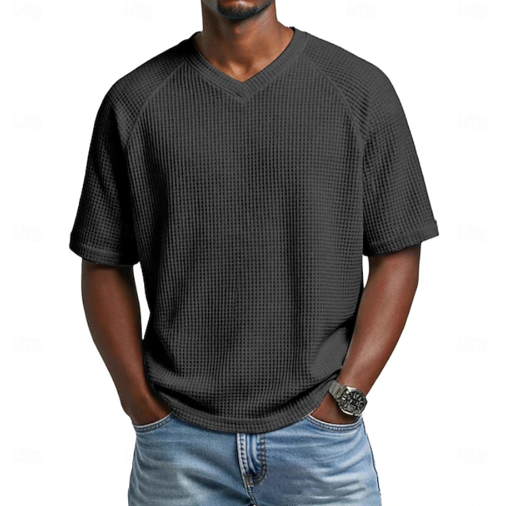 T-shirt décontracté à manches courtes en maille gaufrée texturée avec col en V pour homme
