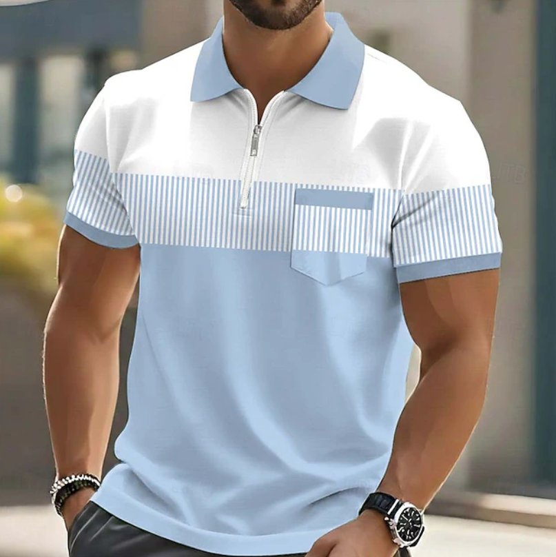 Polo rayé à fermeture quart de zip pour homme avec poche poitrine