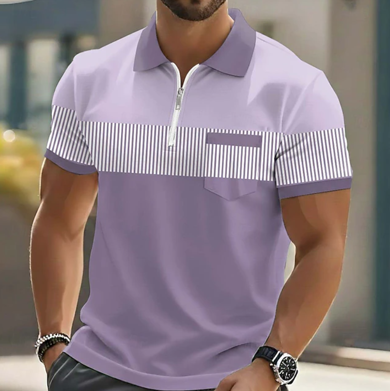 Polo rayé à fermeture quart de zip pour homme avec poche poitrine