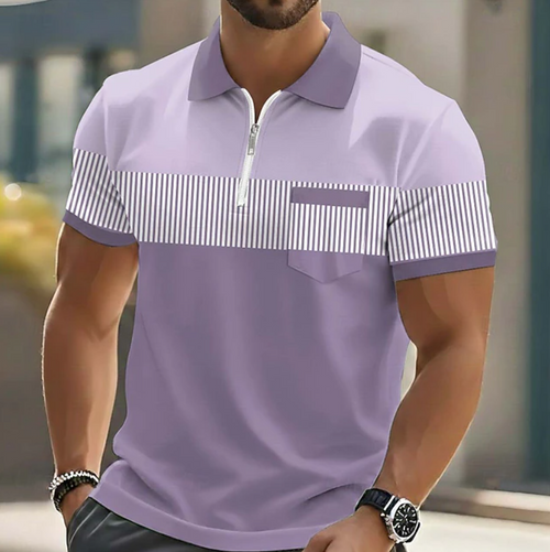 Polo rayé à fermeture quart de zip pour homme avec poche poitrine