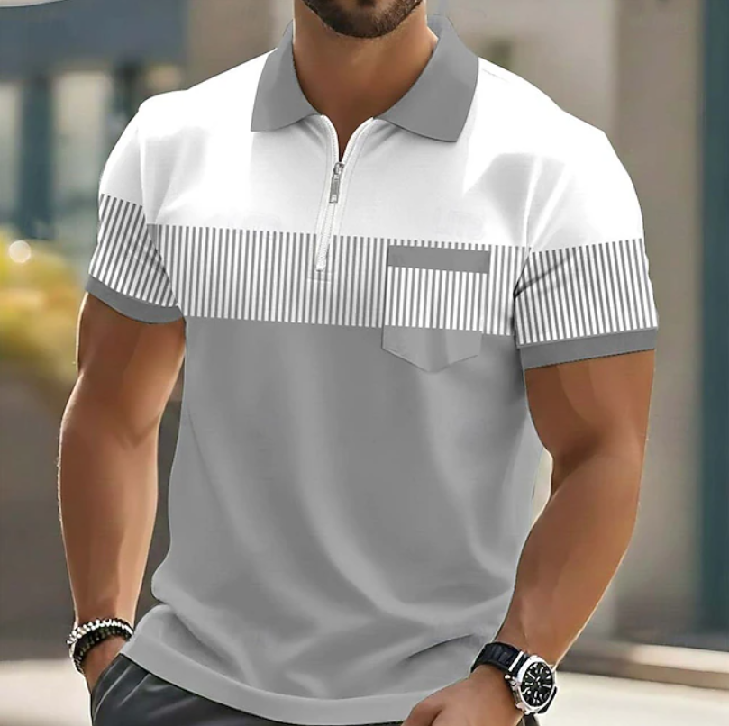 Herren-Poloshirt mit gestreiftem Viertel-Reißverschluss und Brusttasche
