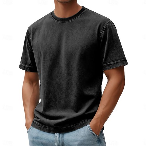 T-shirt décontracté à manches courtes pour homme avec col rond et effet vintage
