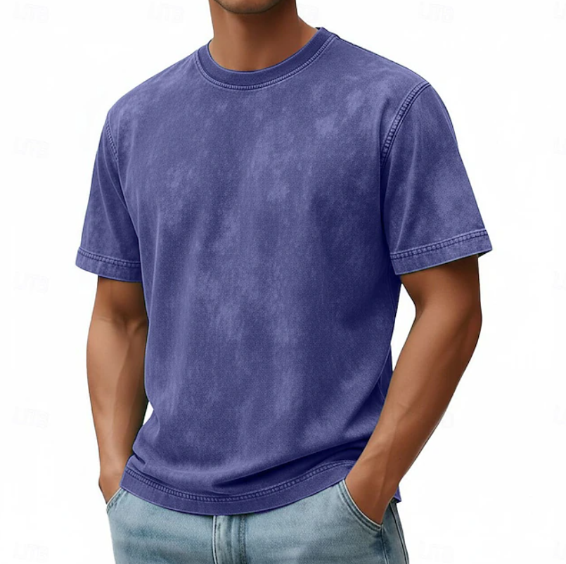 T-shirt décontracté à manches courtes pour homme avec col rond et effet vintage