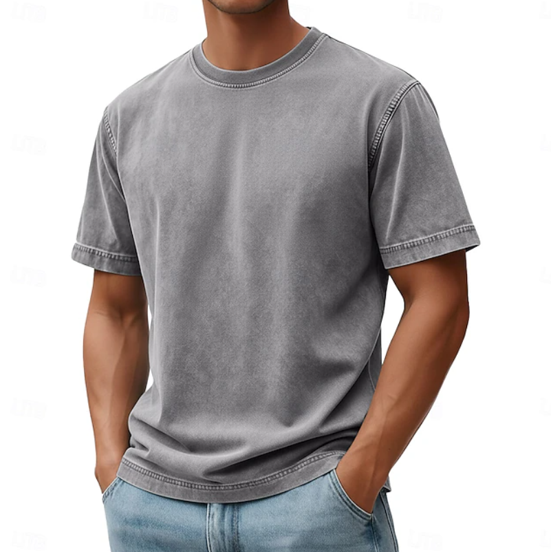 T-shirt décontracté à manches courtes pour homme avec col rond et effet vintage