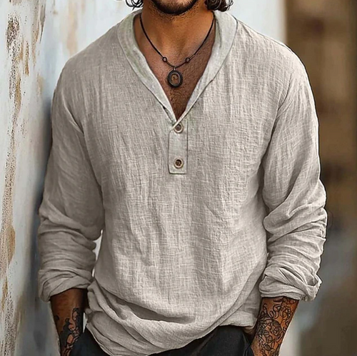 Chemise pull Henley à manches longues texturée pour homme, style décontracté