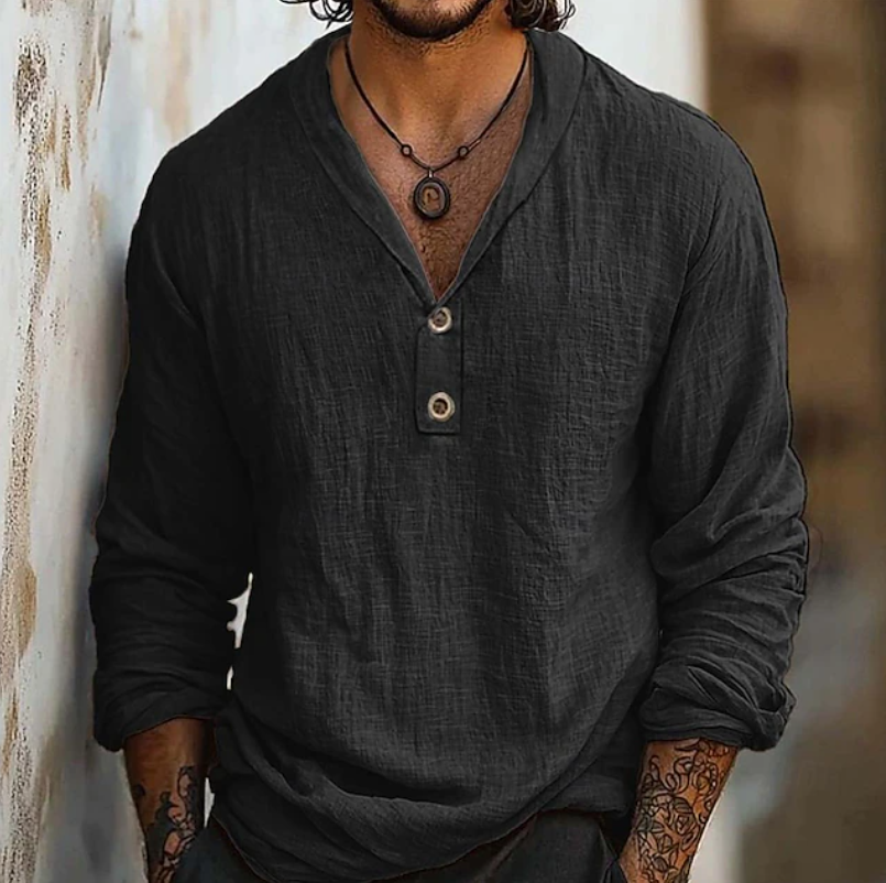 Chemise pull Henley à manches longues texturée pour homme, style décontracté