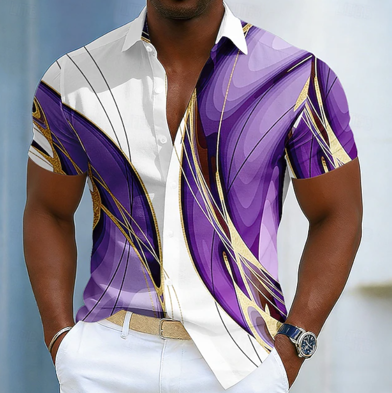 Chemise décontractée à manches courtes pour homme avec imprimé abstrait et boutons