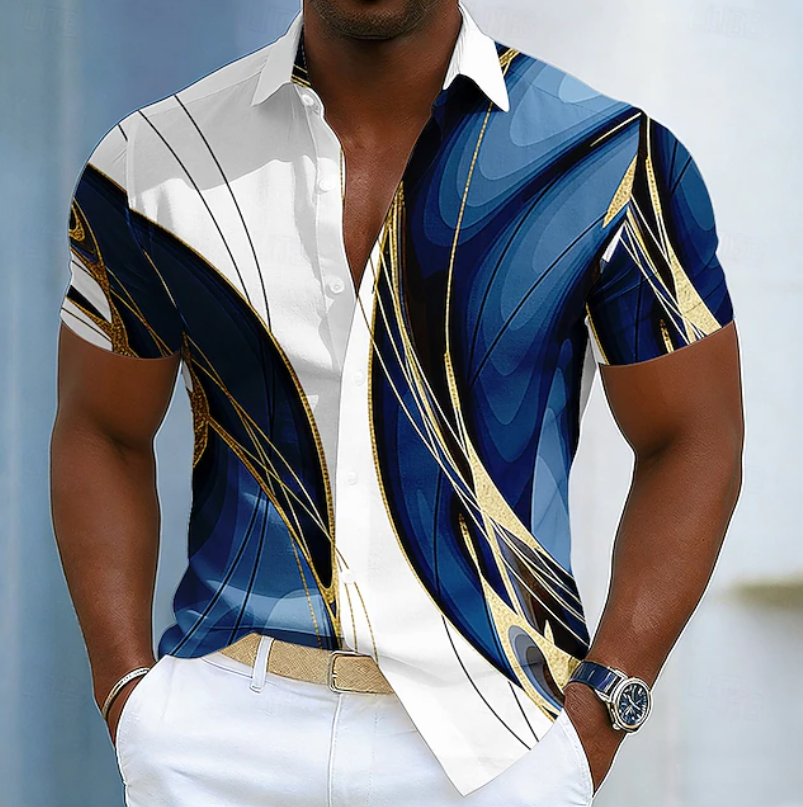 Chemise décontractée à manches courtes pour homme avec imprimé abstrait et boutons