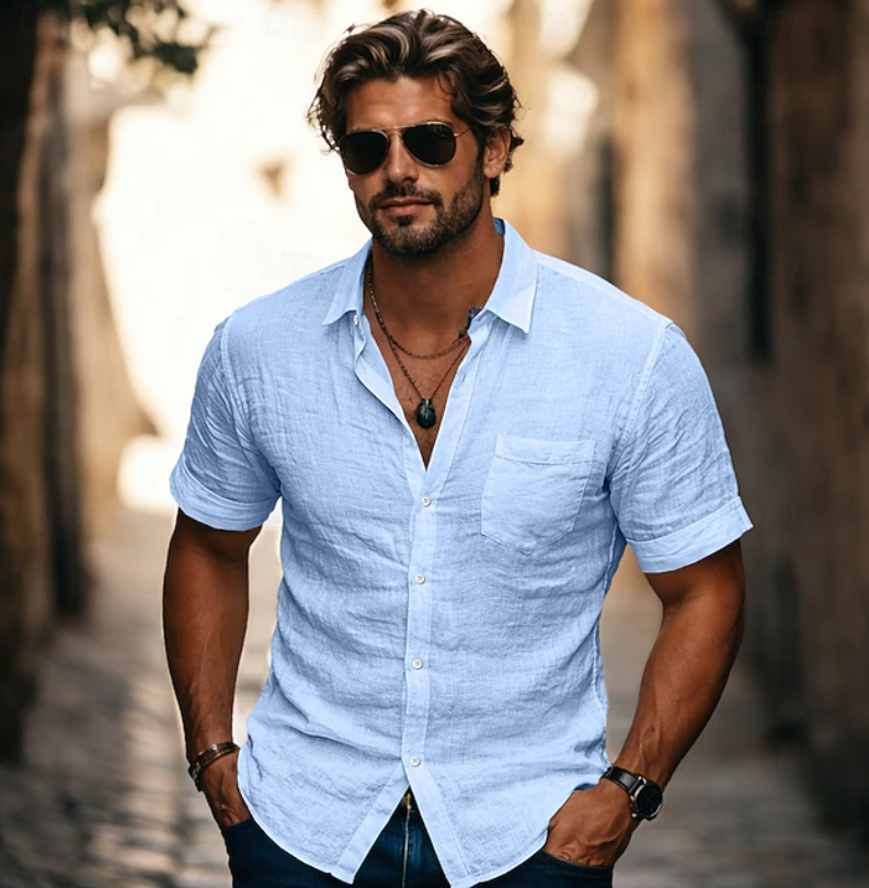 Chemise d'été légère à manches courtes et boutons pour homme
