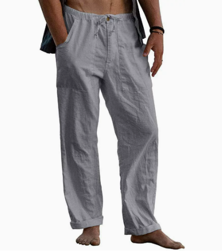 Men's Cotton Linen Trousers with Straight Leg and Elastic Waist for Summer Comfort