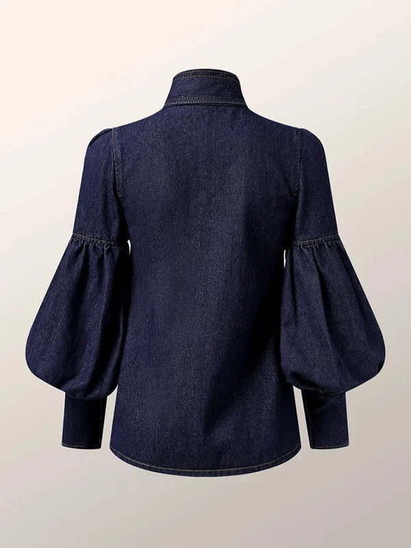Damen-Jeansbluse mit auffälliger Halskrawatte und Ballonärmeln für eleganten Stil