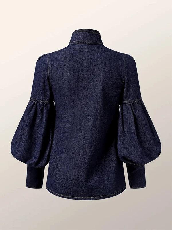 Women’s Bow Neck Statement Sleeve Denim Top