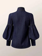 Women’s Bow Neck Statement Sleeve Denim Top
