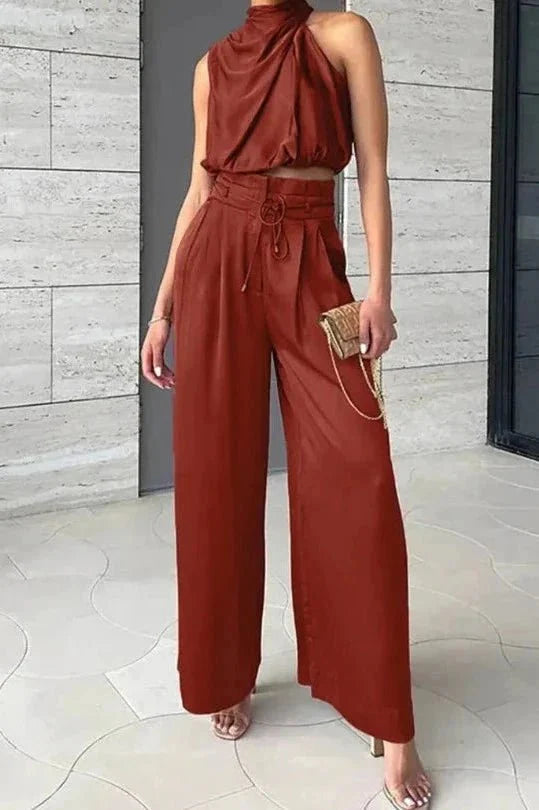 Elegant Draped Two-Piece Set with High Neck Top and Wide Leg Trousers