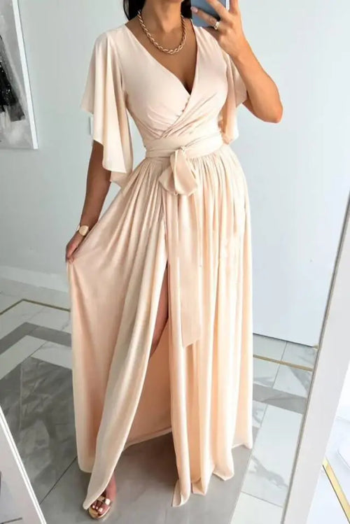 Women Elegant Wrap Maxi Dress with Flowing Skirt and Waist Tie Detail