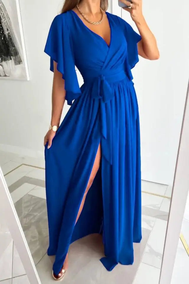 Women Elegant Wrap Maxi Dress with Flowing Skirt and Waist Tie Detail