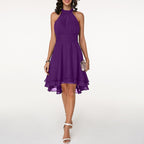 Women's Layered Halterneck Dress with Flowing Chiffon Skirt for Elegance