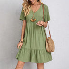 Women's Textured V-Neck Ruffle Hem Casual Mini Dress