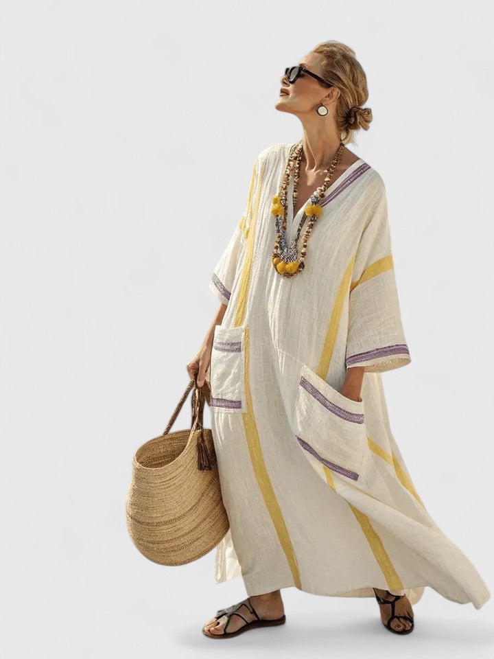 Women's Bohemian Maxi Dress with V-Neck and Patch Pocket Detail