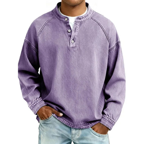 Sweat-shirt Henley à manches longues pour homme, effet délavé, avec patte de boutonnage
