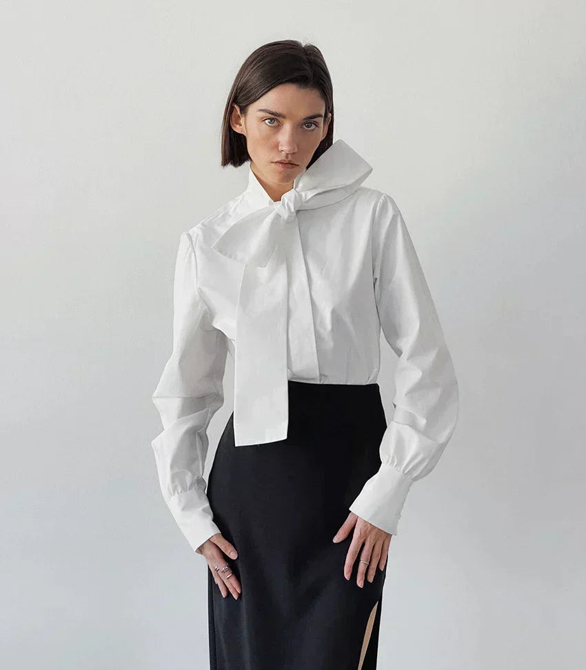 Damen Schleifenkragen-Bluse mit eleganter, strukturierter Passform und langen Ärmeln