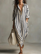 Women's Striped Collared Maxi Shirt Dress