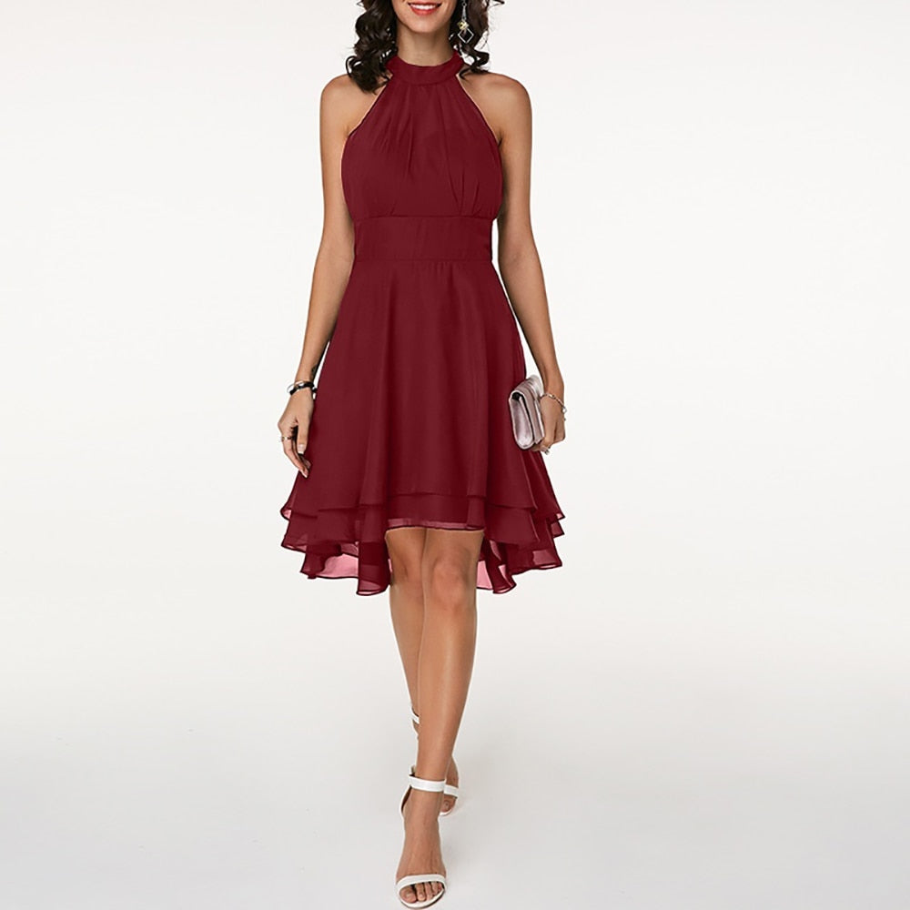 Women's Halter Neck Dress with Layered Hem and Flowy Lightweight Silhouette