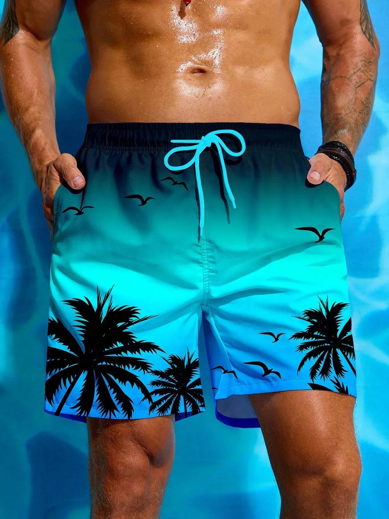 Men's Quick-Dry Swim Shorts with Palm Print and Drawstring Waist for Beach and Pool Days