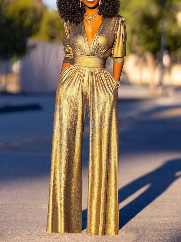 Damen Jumpsuit mit weitem Bein, V-Ausschnitt und eleganter, fließender Passform