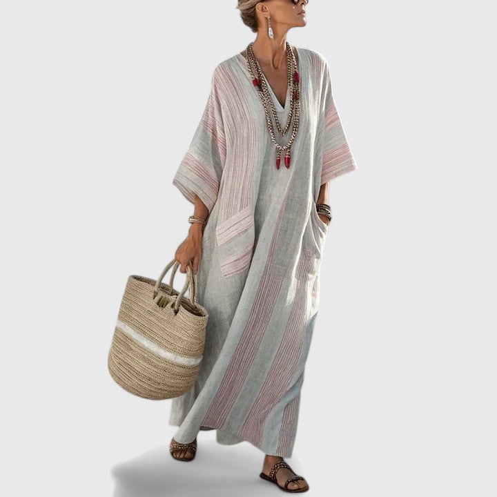 Bohemien-Damen-Maxikleid mit gewebtem Streifendetail und lockerem, fließendem Schnitt