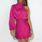 Asymmetric Satin Mini Dress for Women with One Shoulder Elegant Evening Style