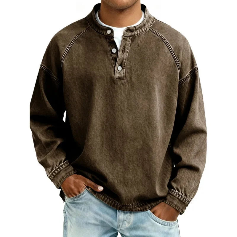 Sweat-shirt Henley à manches longues pour homme, effet délavé, avec patte de boutonnage
