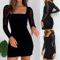 Damen figurbetontes Kleid mit transparenten Ärmeln und quadratischem Ausschnitt